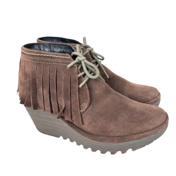 Fly London Yank Fringe Ankle Boot Lace Up Booties Brown SUEDE Size 40 US 9 / 9.5 - Picture 8 of 16